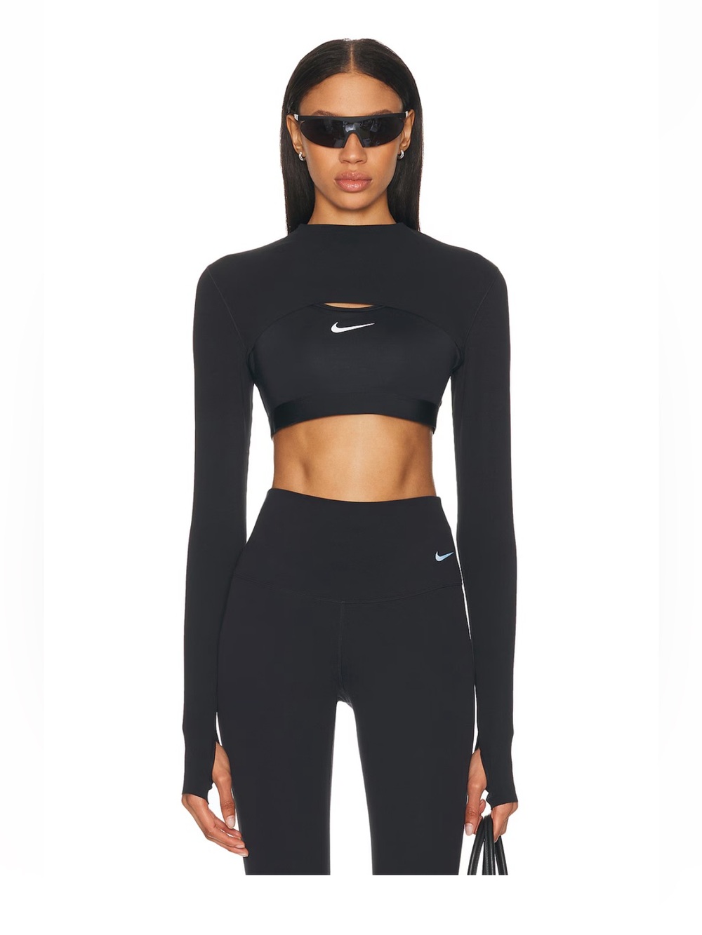 NIKE Crop Long Sleeve Tshirt Shrug Black Graphic Printed Logo Leisure Top